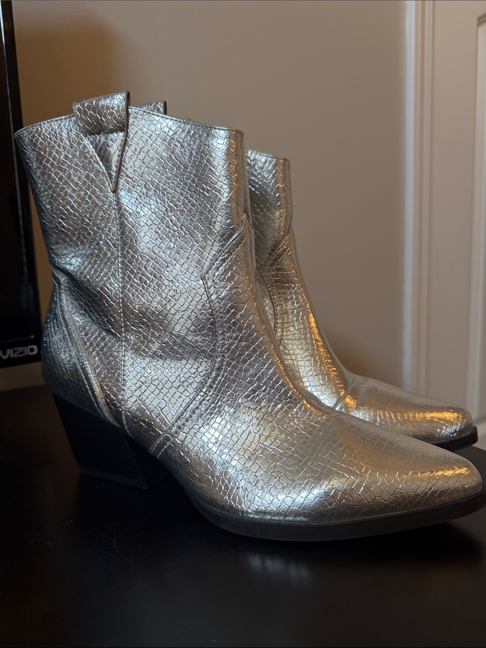 DV by Dolce Vita Metallic Silver Croc-Embossed Ankle Booties